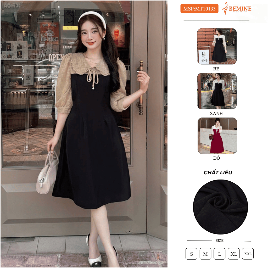 Đầm thiết kế BEMINE cổ V phối ren thêu hoa tay lửng dáng chữ A phù hợp đi làm, đi chơI-MT10133