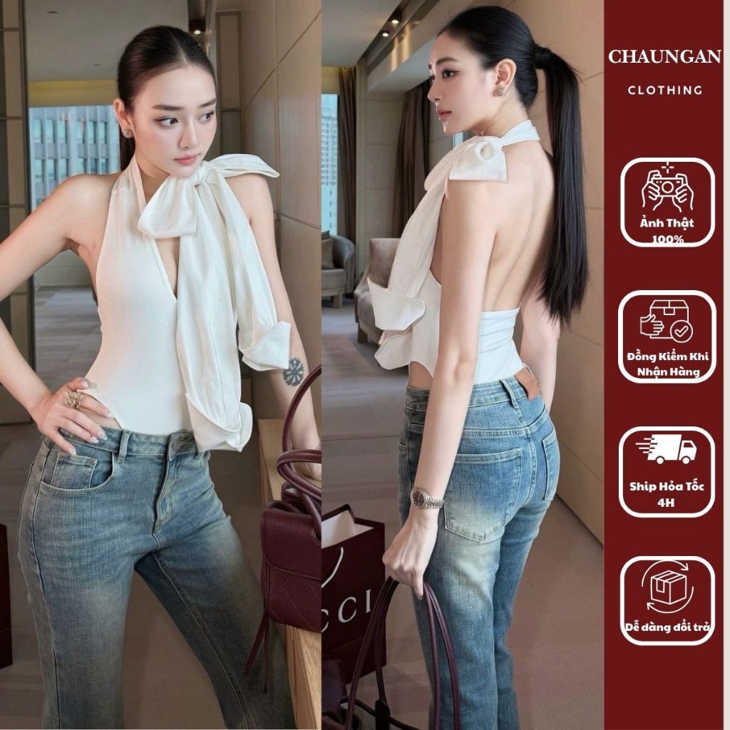 Áo Bodysuit Cổ Yếm Xẻ Sâu Thắt Nơ Cổ Tố Nữ Quyến Rũ CHUẨN CHOUCHOU