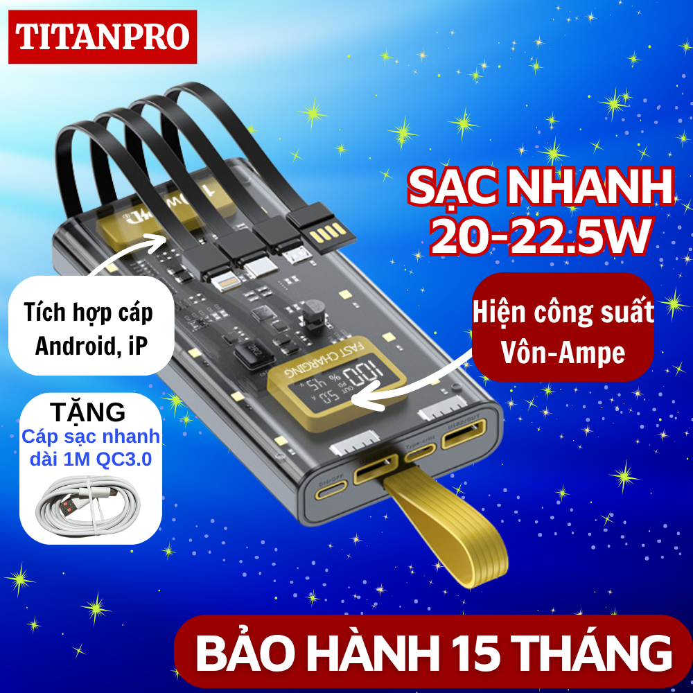 Sạc Pin Dự Phòng Trong Suốt Với Cổng Sạc Nhanh 22.5W tên PD200W Kèm 4 đầu sạc màn hình OLED Hiển thị công suất