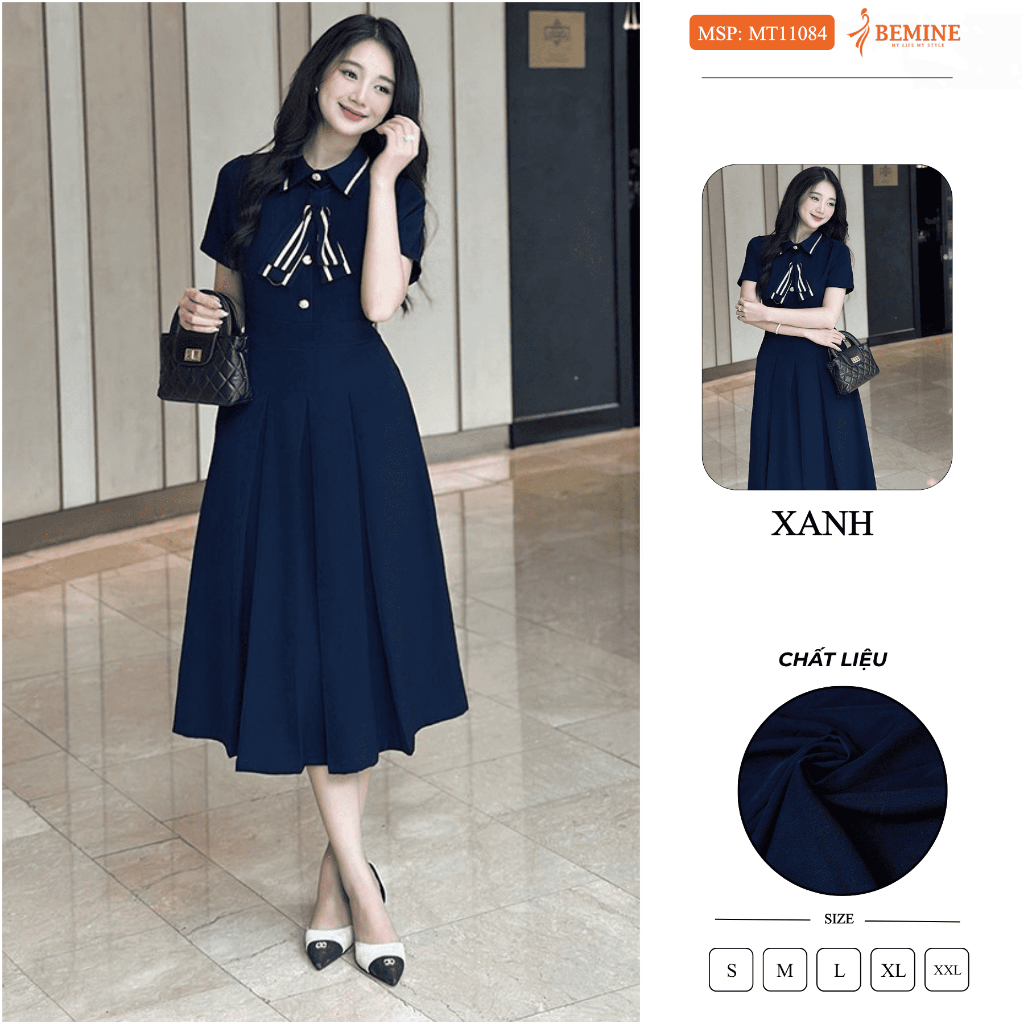 Đầm thiết kế BEMINE cổ đức đính nơ phối viền dáng chữ A phù hợp đi làm-MT11081