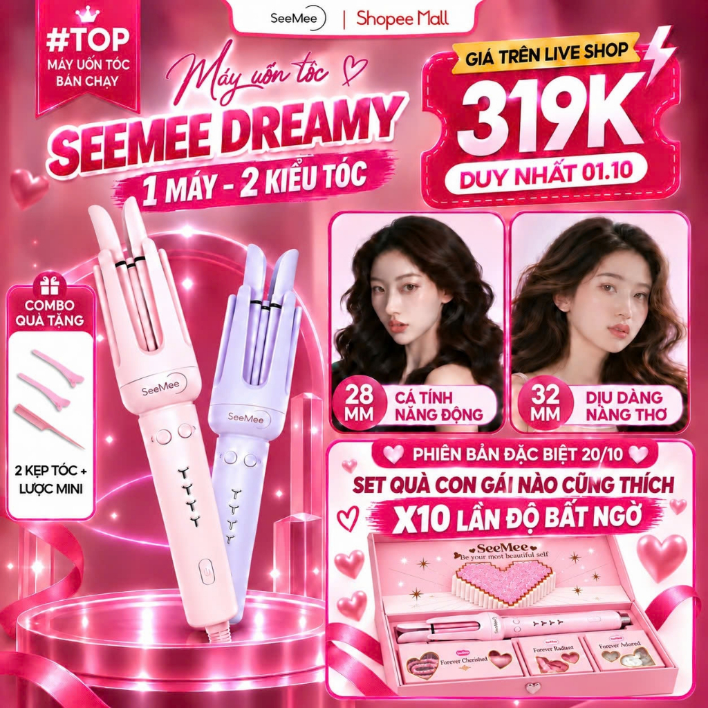 [GIÁ 311K TẠI LIVE SHOP] Máy Uốn Tóc Tự Động Seemee trục 28mm 32mm, Set Quà Tặng Cho Nữ 20/10 LOVEBOX bản 2025, LIS