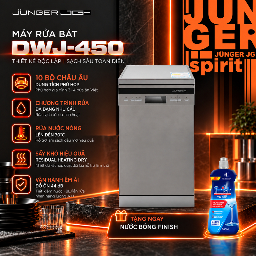[GIAO LẮP 0Đ TOÀN QUỐC] Máy Rửa Chén Bát Junger JG DWJ-450 10 Bộ, Giao Lắp 0đ, Sấy Nhiệt Dư, 8 Chế Độ,  BH 36 Tháng