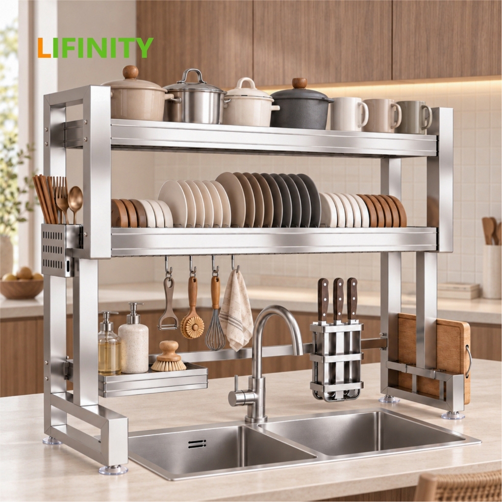 Lifinity Kệ Đựng Chén Bát Đa Năng Inox - Giá Để Bát Đĩa Thông Minh Trên Bồn Rửa, Tiết Kiệm Không Gian Bếp Cài dao thớt