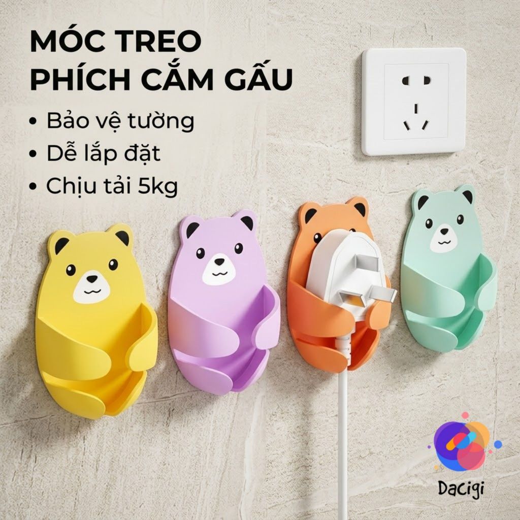 Móc treo ổ cắm hình gấu, giá đỡ phích cắm điện, móc dán tường kẹp giữ dây điện dây cáp sạc SET 4 CÁI