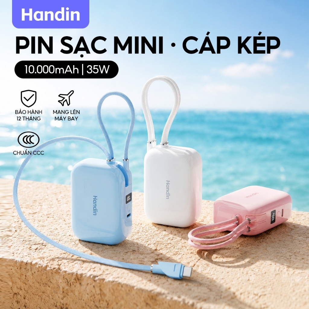 Handin Sạc Dự Phòng Mini Cube Pro 35W 10000mAh SạcDự Sạc Nhanh Có Sẵn 2 Dây LED Hiển Thị Pin BH 12 Tháng CCC
