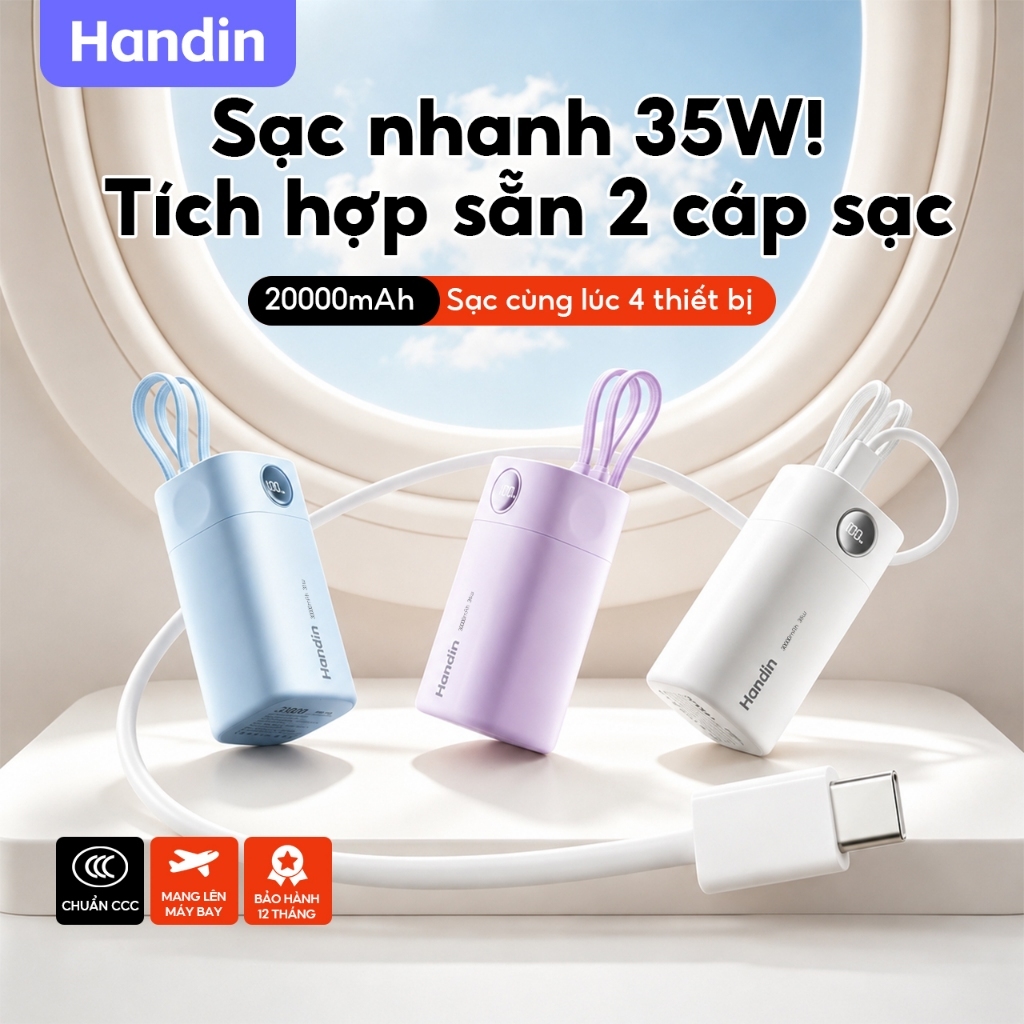 Handin Pin Sạc Dự Phòng Dung Lượng Lớn 22.5W 20000mAh Hỗ Trợ Sạc Nhanh Cáp Đôi Tiện Lợi Màn Hình LED CCC 12 Thán