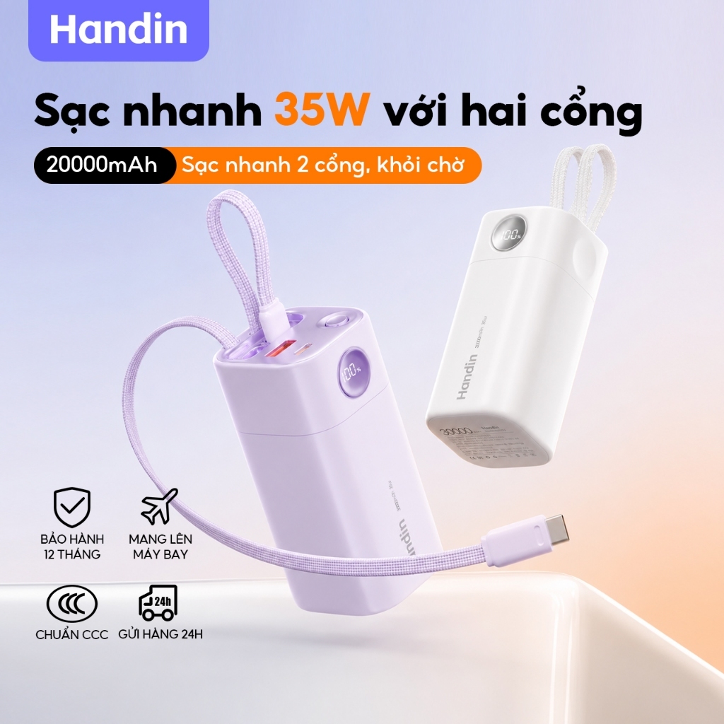 Handin Pin Sạc Dự Phòng 22.5W 20000mAh Cáp Type-C & Đầu L Tích Hợp Sạc Nhanh PD Màn Hình LED CCC Bảo Hành 12 Thán