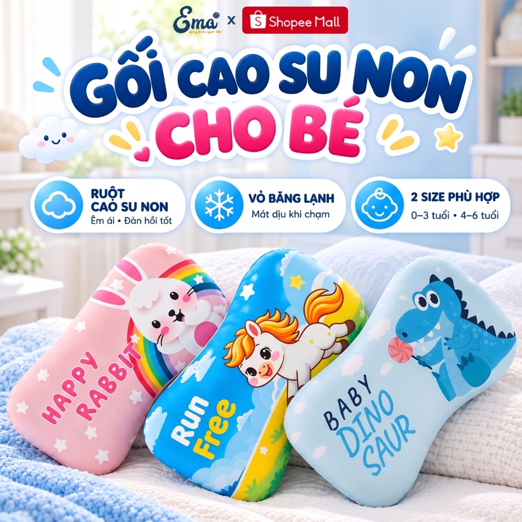Gối Cao Su Non Cho Bé EMA Vỏ Băng Lạnh Siêu Mát, Gối Ngủ Trẻ Em 0-6 Tuổi Công Thái Học Thoáng Khí