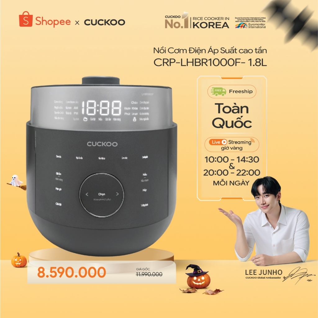 Nồi Cơm Điện Tử Áp Suất Cao Tần Cuckoo CRP-LHBR1000F 1.8 Lít -Lòng nồi X-Wall Black - áp suất 2.0 ATM- bảng Tiếng Việt