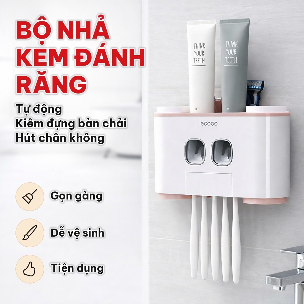 Bộ Nhả Kem Đánh Răng Tự Động ECOCO, Dụng Cụ Lấy Kem Kiêm Đựng Bàn Chải Bằng Nhựa Cho Phòng Tắm, Gắn Tường