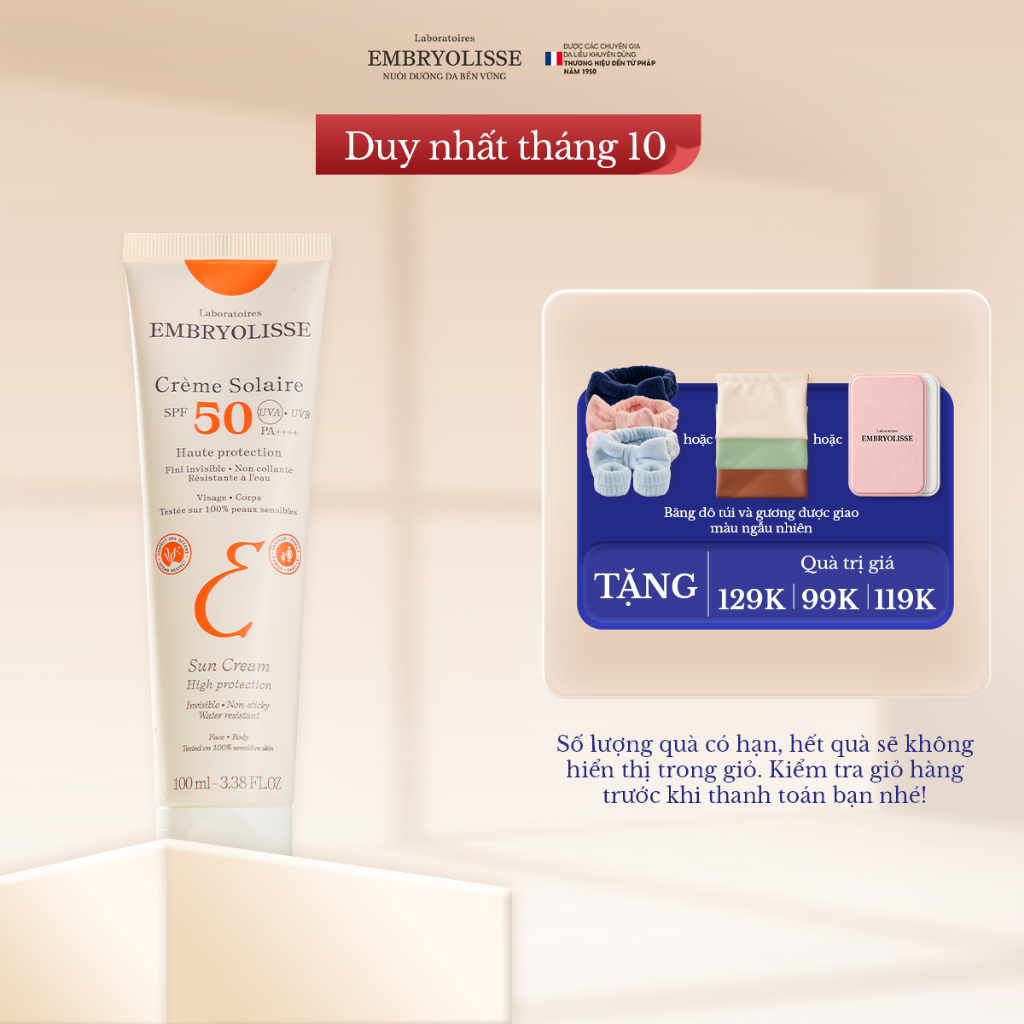 [OUTLET S5] [DATE 03/2027] Kem chống nắng phổ rộng dưỡng ẩm cho da khô Embryolisse Crème Solaire 100ml