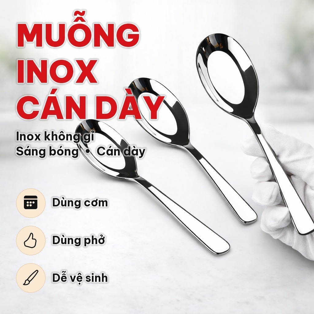 (COMBO 5) Muỗng Ăn Cơm Inox 430 Cán Dày Sáng Bóng, Thìa Ăn Phở Không Gỉ Dùng Cho Gia Đình, Nhà Hàng, Khách Sạn