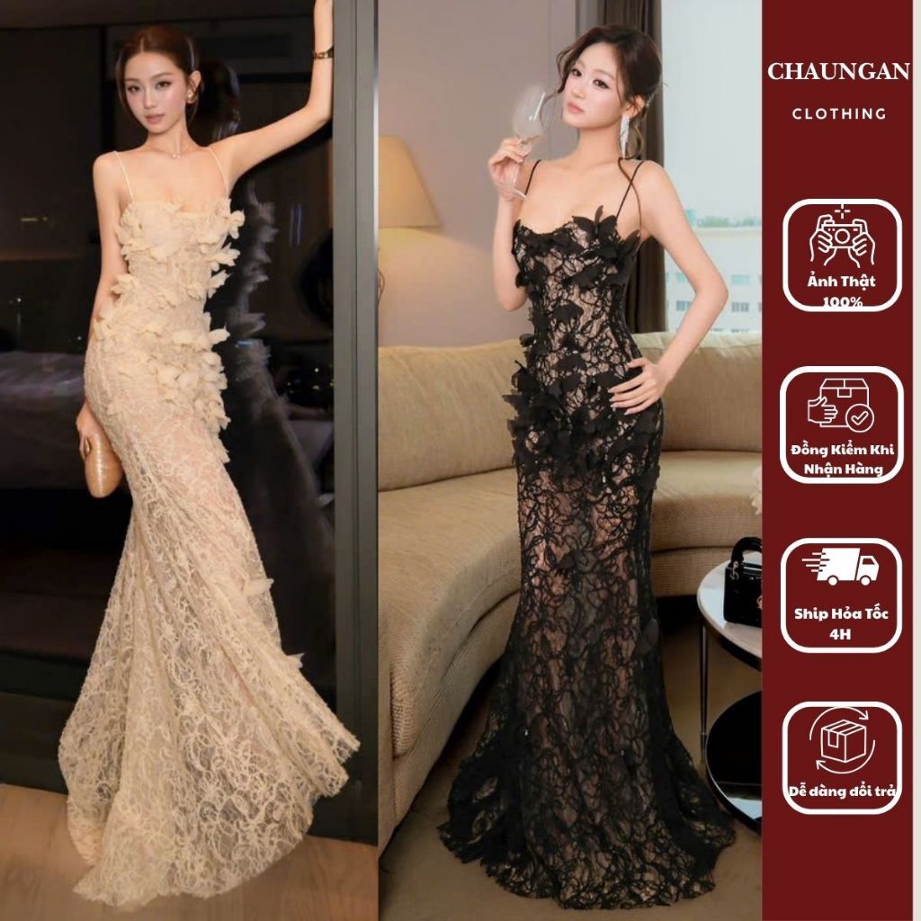 Ầm Dạ Hội Hai Dây Ren Cao Cấp Đính Hoa 3D Dáng Đuôi Cá CHUẨN THẢO BIBI