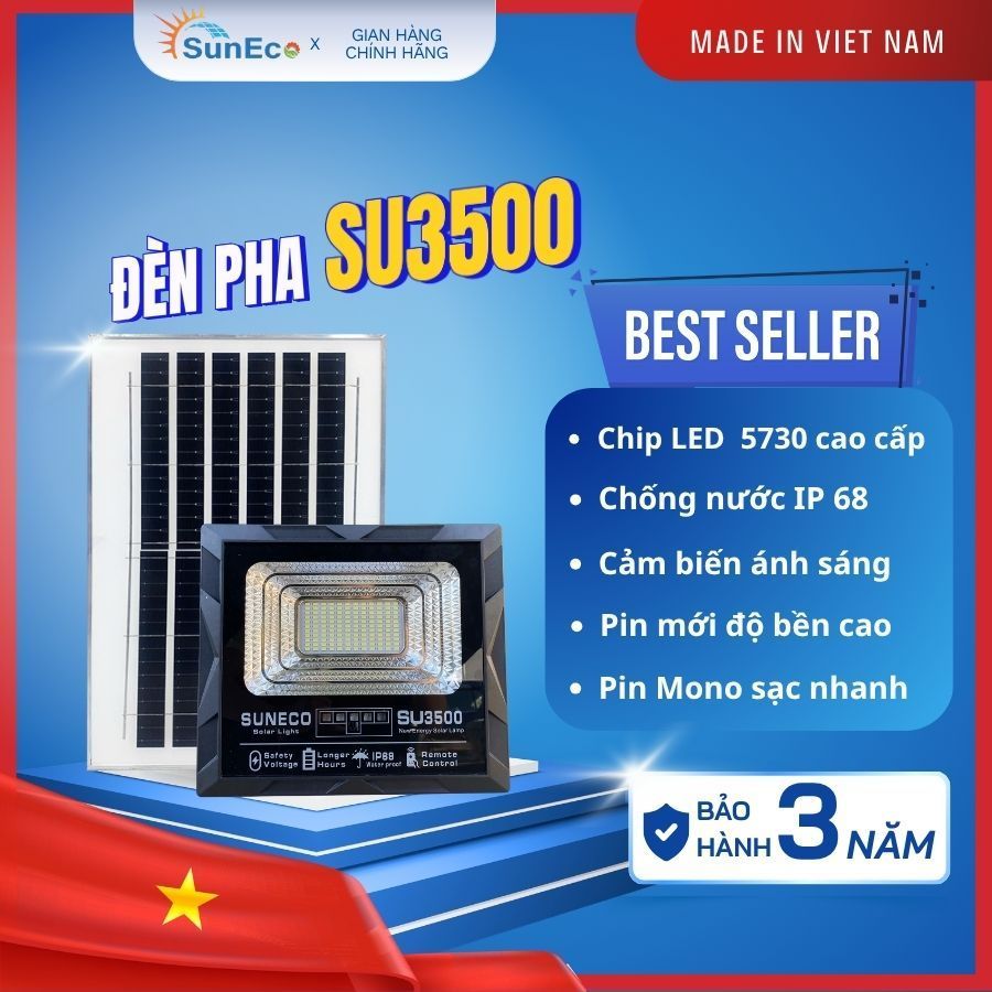 Đèn pha năng lượng mặt trời SUNECO SU3500 Nâng cấp chip led 5730 Pin mono sạc nhanh siêu sáng chống nước IP69