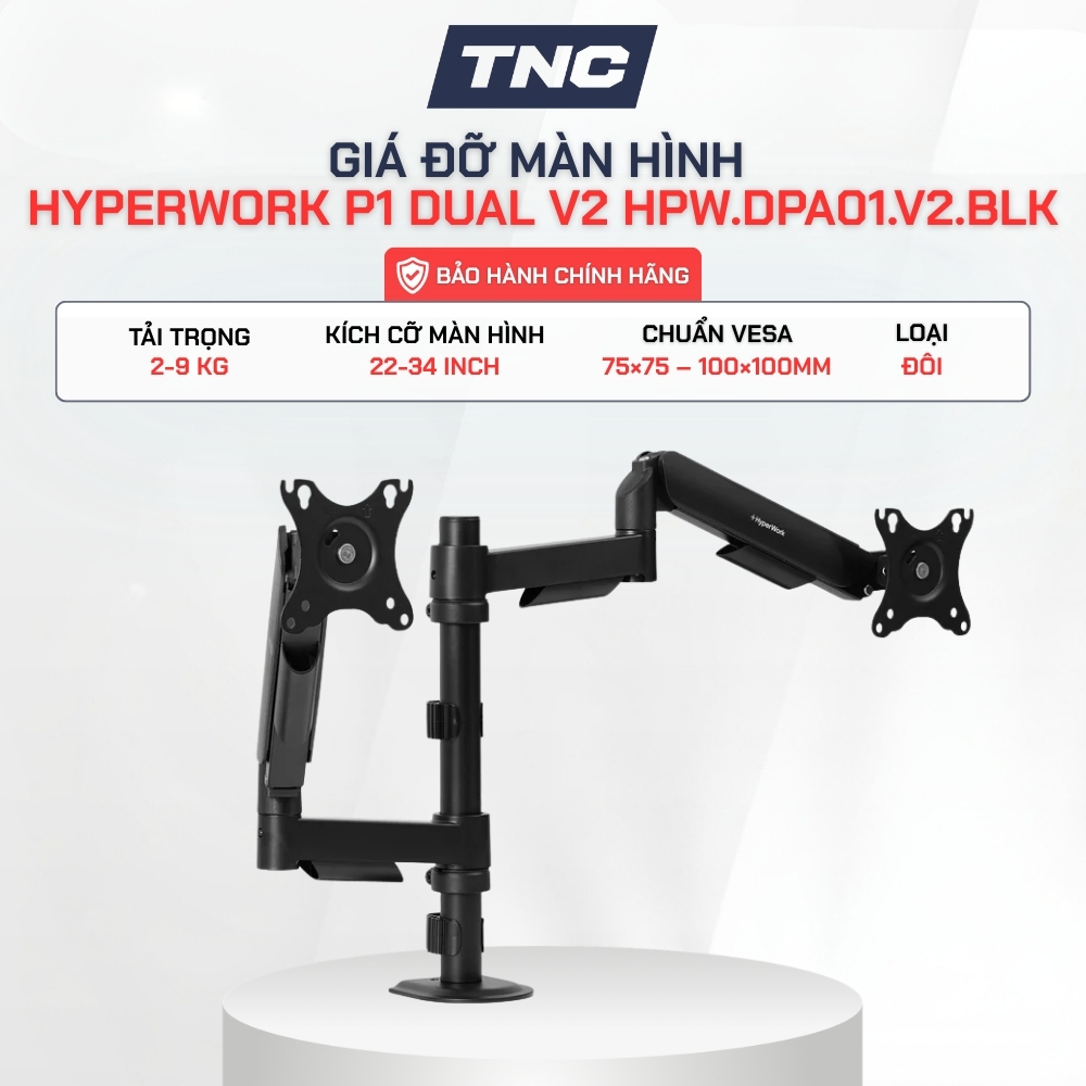 Giá Đỡ Màn Hình Đôi HyperWork P1 Dual V2 HPW.DPA01.V2.BLK - Bảo Hành 24 Tháng - TNC STORE