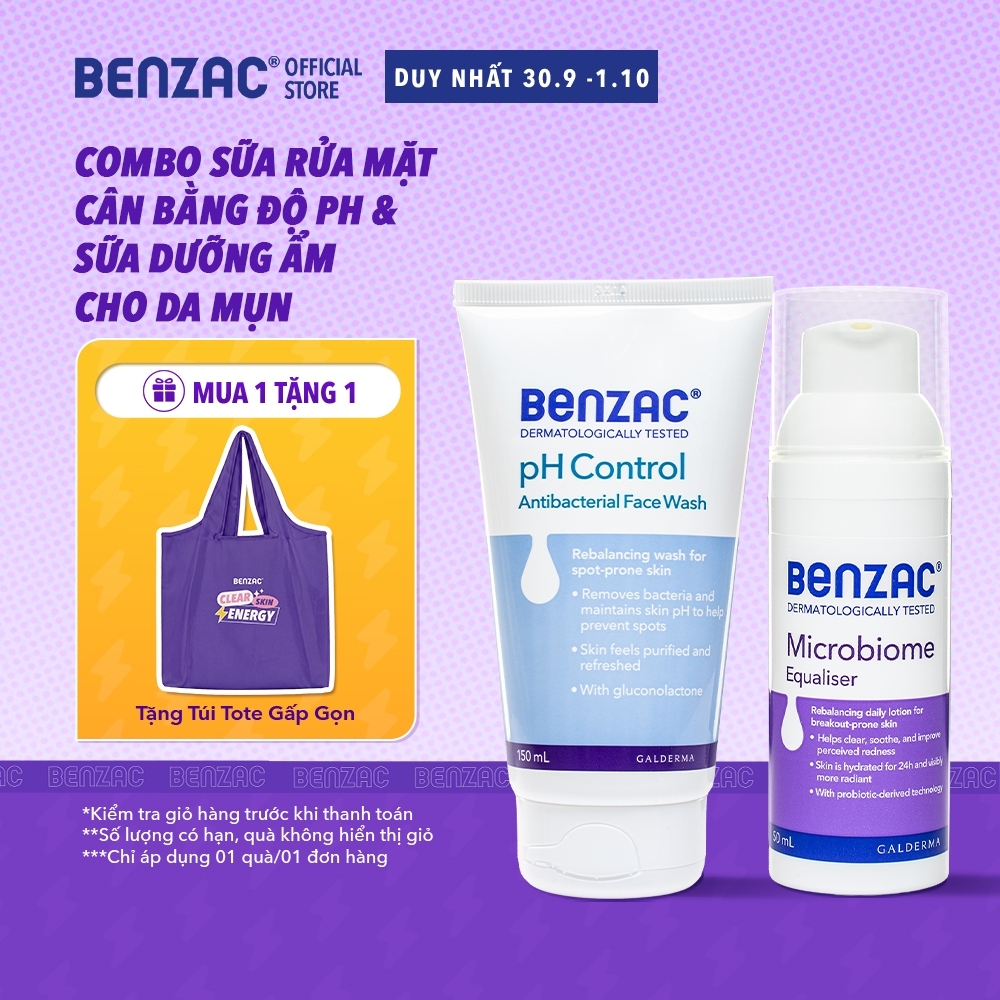 Combo Chăm sóc da mụn Sữa Dưỡng Ẩm Microbiome Equalizer & Sữa rửa mặt cân bằng pH BENZAC pH Control 50ml/150ml