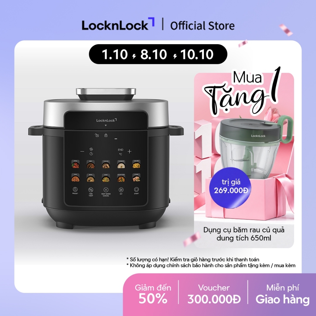 Nồi Áp Suất Điện Tử Đa Năng Locknlock Electric Pressure Cooker 10 Chế Độ Nấu Thông Minh EJP678BLK 6L - Màu đen