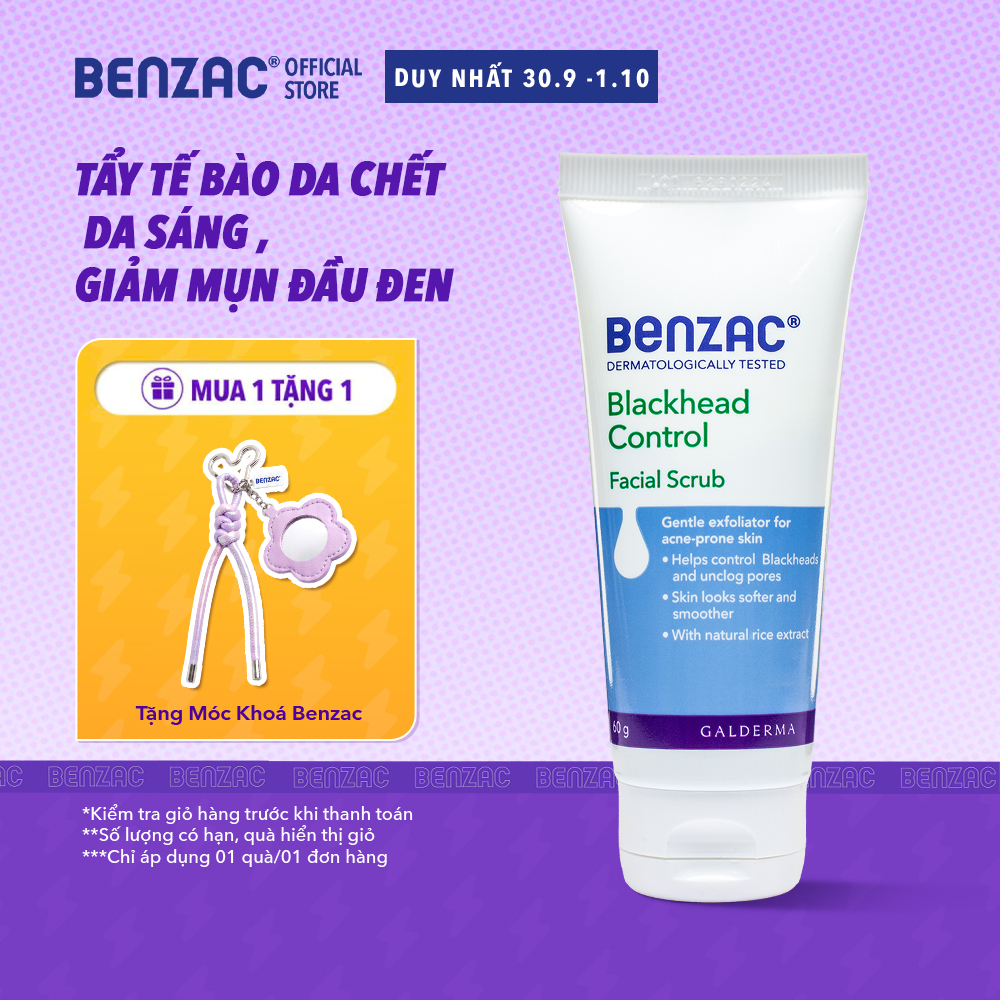 Tẩy tế bào chết giúp làm sạch mụn đầu đen cho da dầu mụn BENZAC Blackhead Control Scrub 60G