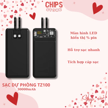 Sạc dự phòng Tz100 20000mAh màn hình LED, sạc nhanh PD/QC, kèm 2 cổng sạc tiện lợi