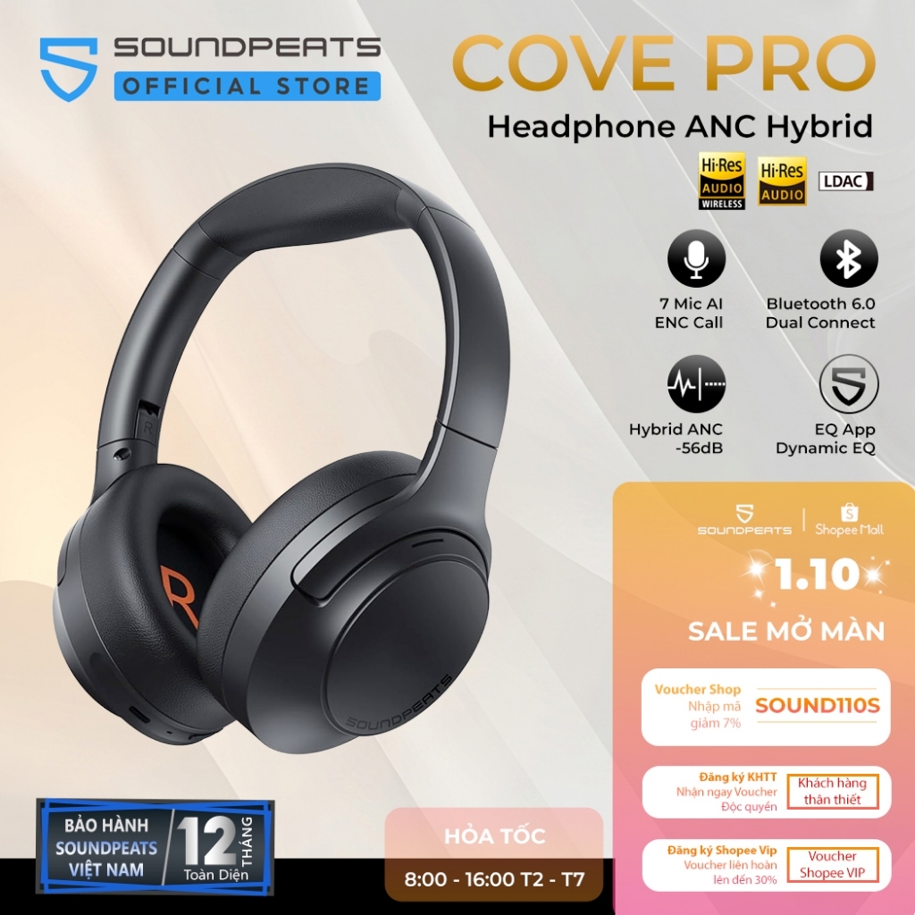 Tai Nghe Chụp Tai Bluetooth SoundPEATS Cove Pro HiresAudio | 7 Mic AI ENC | ANC 56dB | Bluetooth 6.0 | BigBuy360 - bigbuy360.vn
