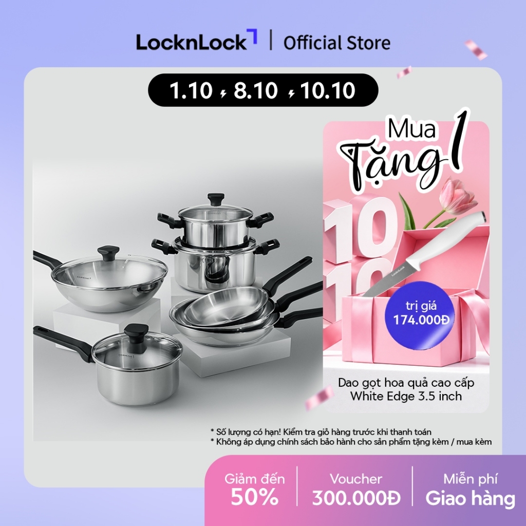 Bộ 3 Nồi Inox LocknLock Daily STS PPW bằng thép không gỉ 304 kèm nắp