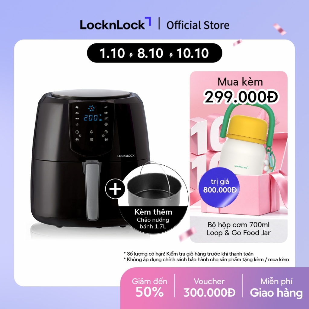 Nồi Chiên Không Dầu Lock&Lock Jumbo Plus Air Fryer 5.2L Màu-đen EJF357BLK 8 menu sẵn, giảm chất béo, giữ ấm
