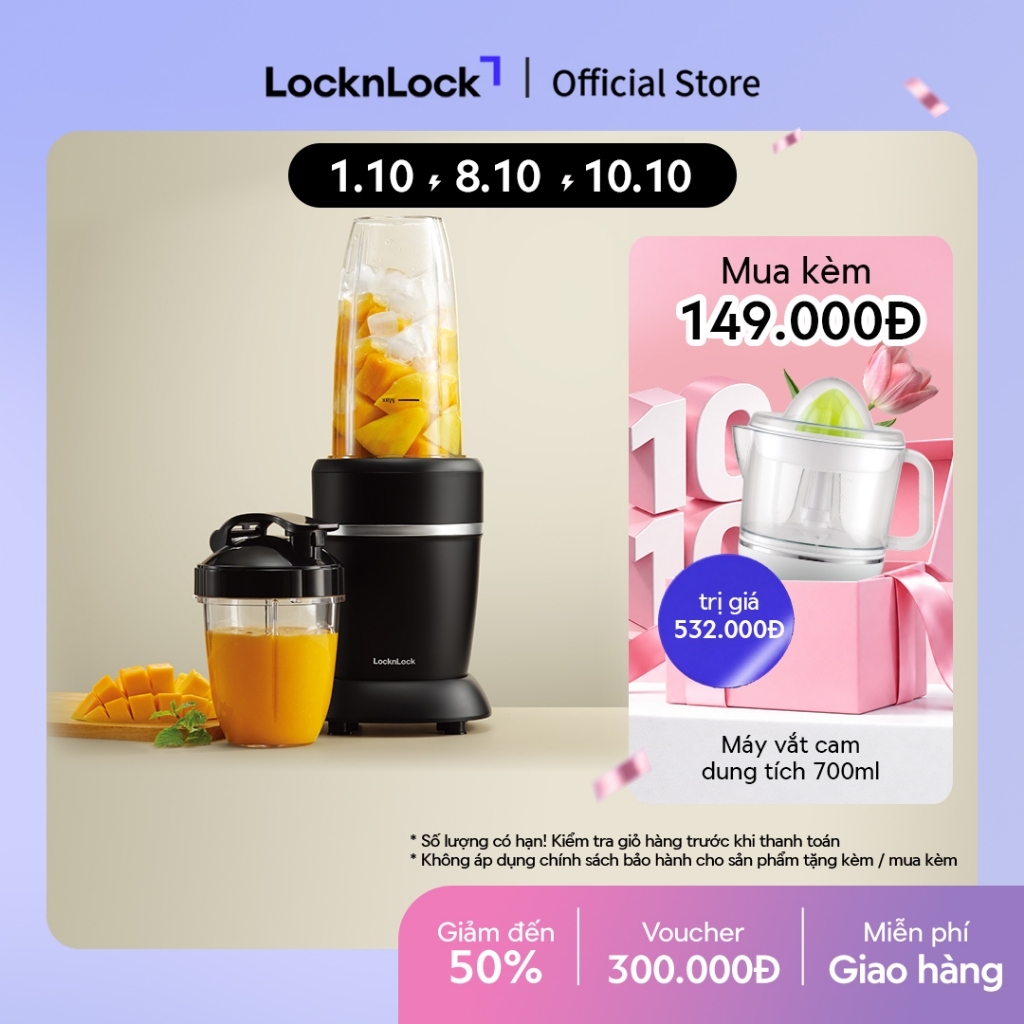 Máy xáy sinh tố LocknLock blender 2 bình đựng 950ml và 500ml xay đá chống trượt EJM452BLK