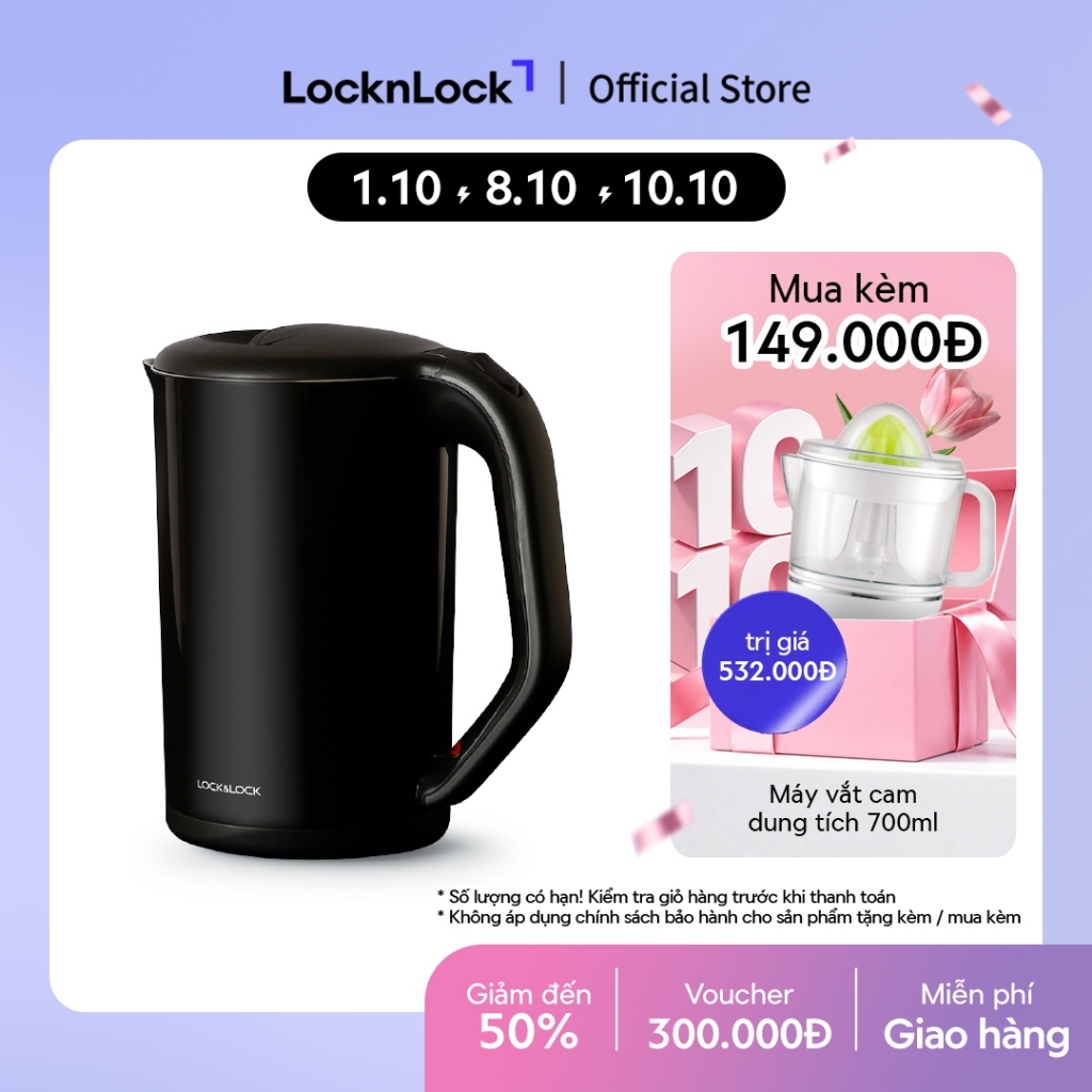 Ấm đun bằng thép không gỉ Lock&Lock, 1.7L màu đen EJK738BLK