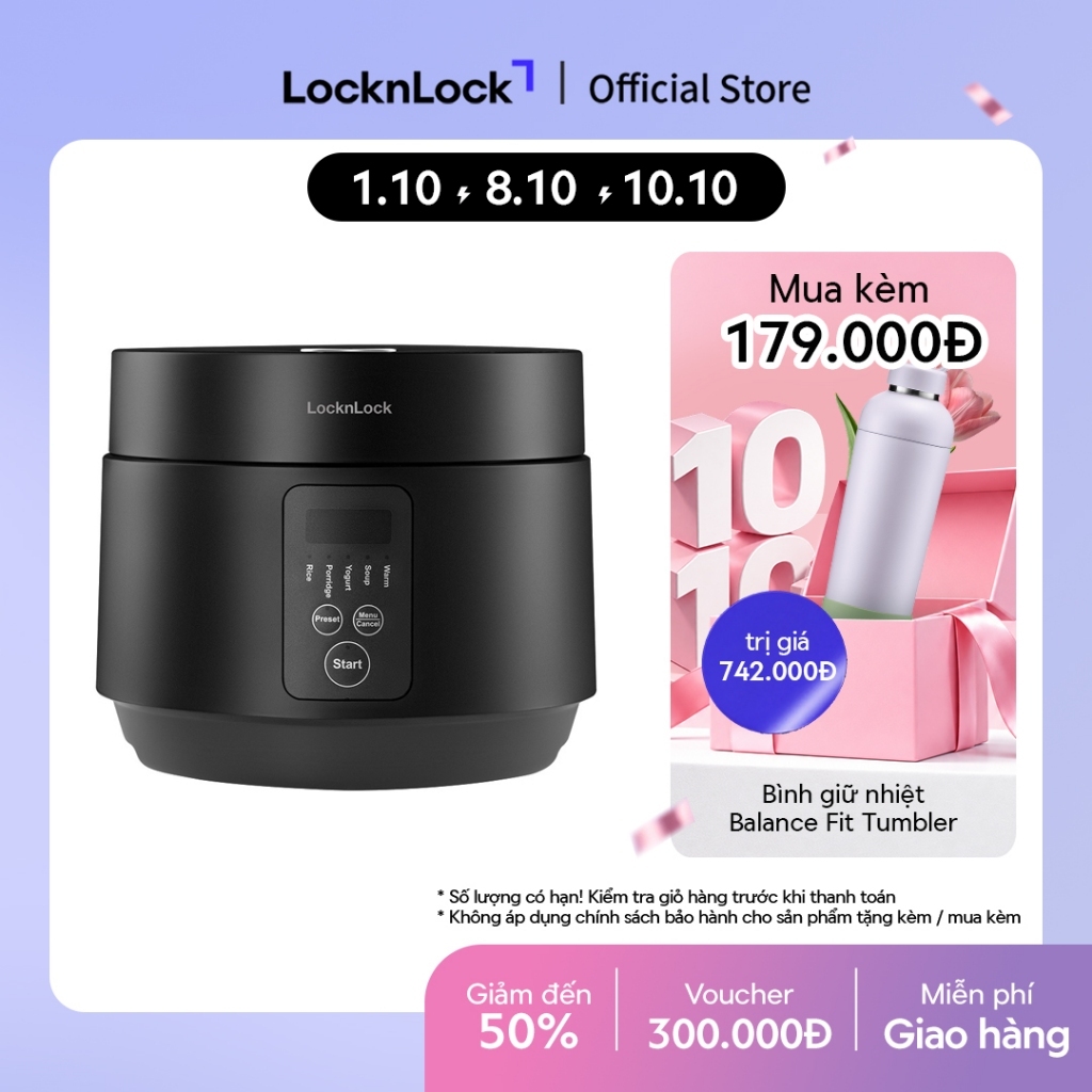 Nồi cơm điện Lock&Lock Compact Rice Cooker 1.2L màu đen EJR346BLK