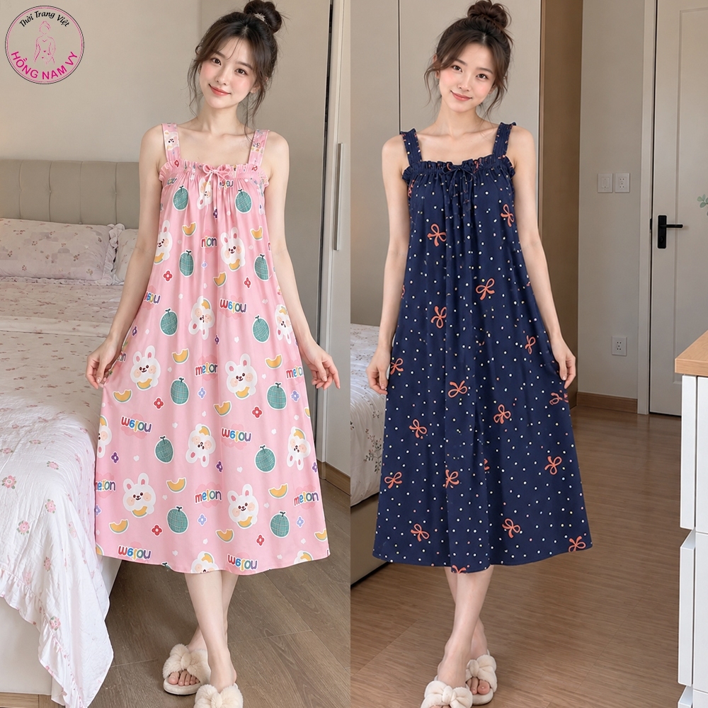 Váy tole lanh mặc nhà, mặc ngủ siêu mát 49-80kg, đầm dây tole 2 da