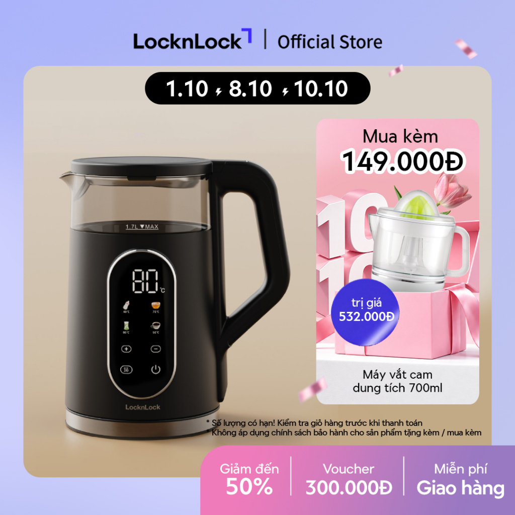 Ấm đun siêu tốc LocknLock Digital electric kettle 1.7L- Màu đen EJK286BLK 5 chế độ nhiệt, giữ ấm 2 giờ