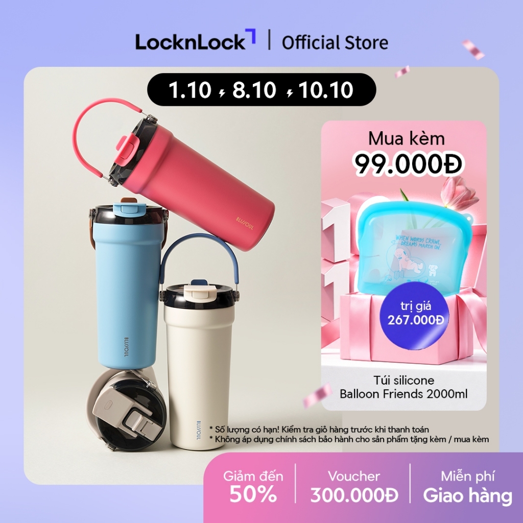 Bình giữ nhiệt phủ sứ LocknLock Blissoul Cafe Pure Tumbler LHC4440 có quai xách dung tích 700ml - 6 Màu