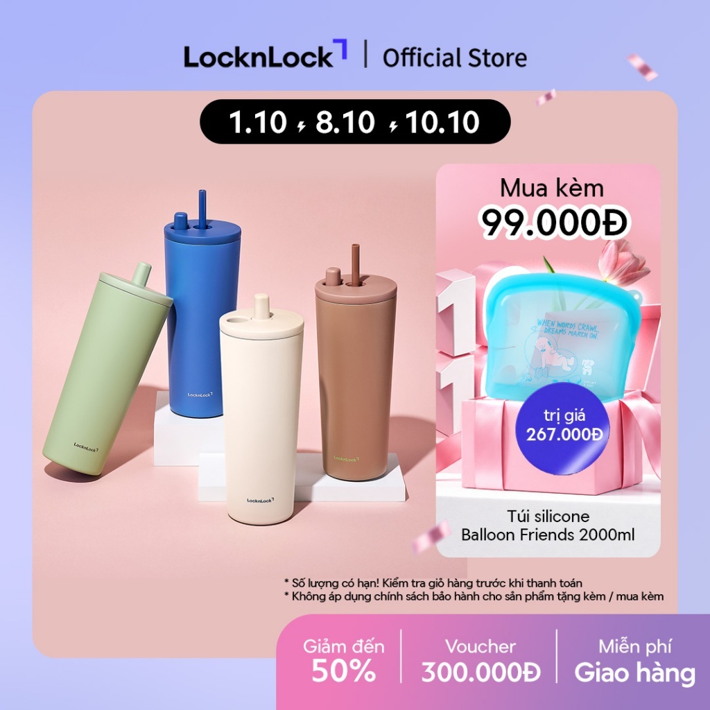 Bình giữ nhiệt LocknLock Pop Up Straw Ceramic Tumbler LHC4156 phủ sứ 740ml kèm ống hút - 4 màu