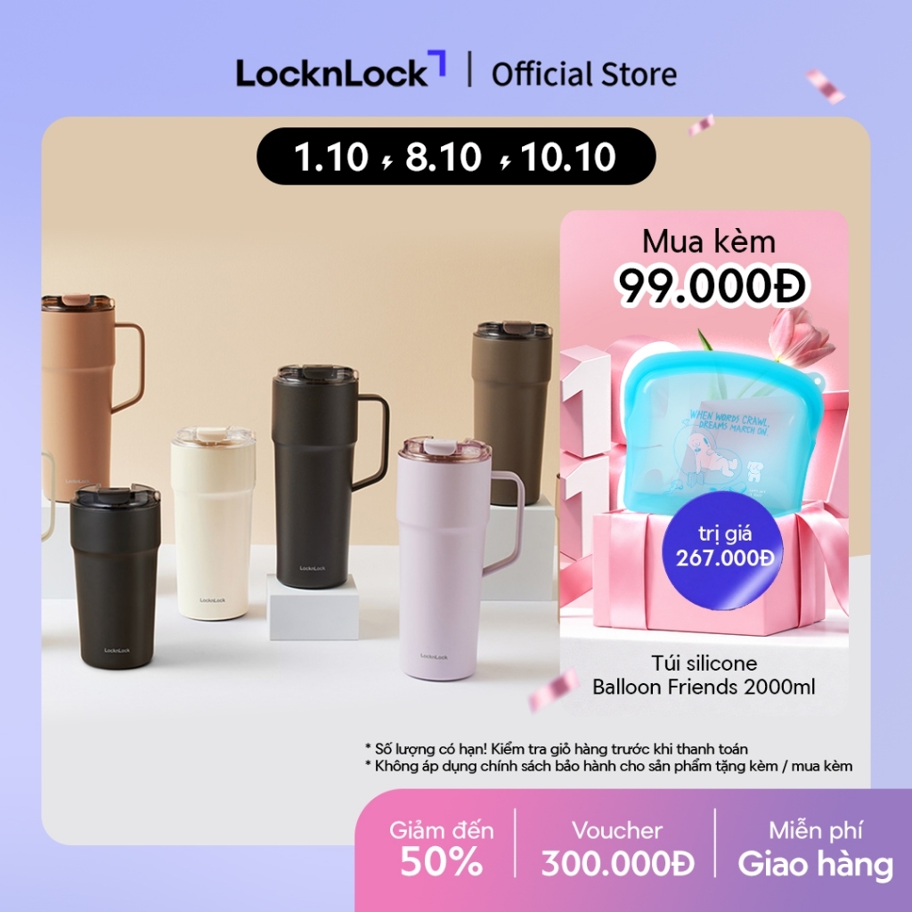 Bình giữ nhiệt LocknLock Metro Cafe Tumbler 650ml / 500ml / 750ml bằng thép không gỉ 304 phủ sứ kèm dây xách