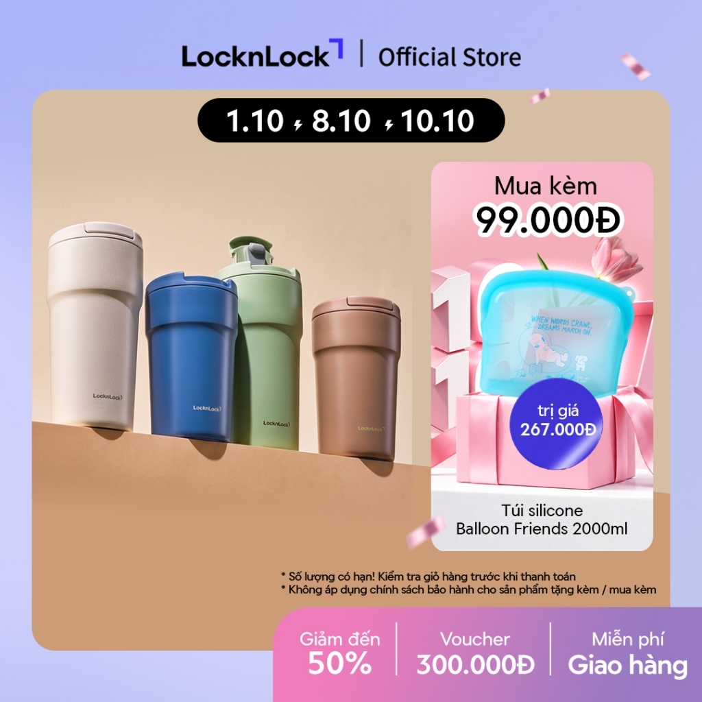 Bình giữ nhiệt LocknLock One-touch Ceramic Tumbler LHC4130 thép không gì SUS304 phủ sứ bên trong 550ml - 4 màu