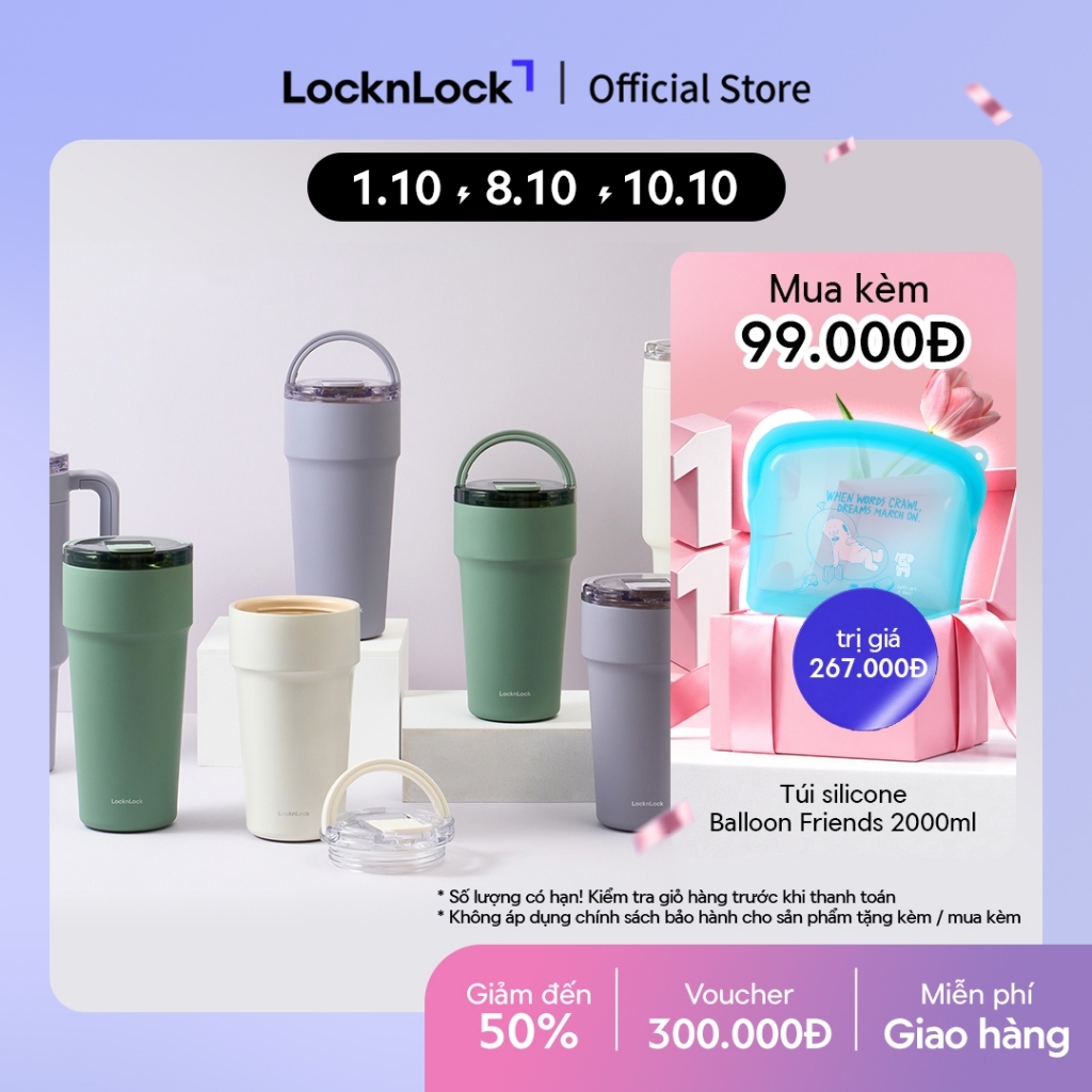Bình giữ nhiệt LocknLock Metro cafe top handle phủ sứ LHC4416 710ml / LHC4419 900ml có quai xách và ống hút đi kèm