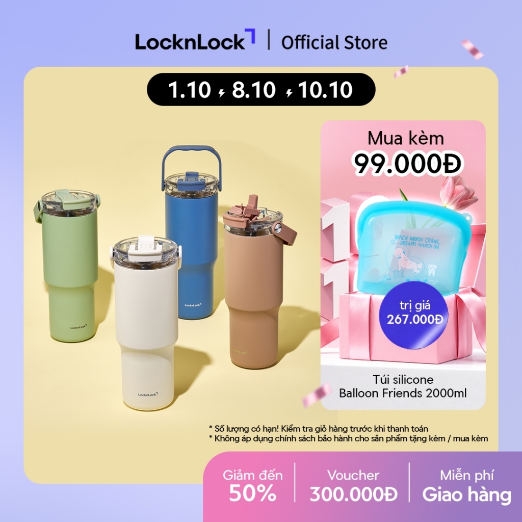 Bình giữ nhiệt LocknLock Straw & Sip Ceramic Tumbler phủ sứ LHC4430 600ml / LHC4431 880ml kèm ống hút