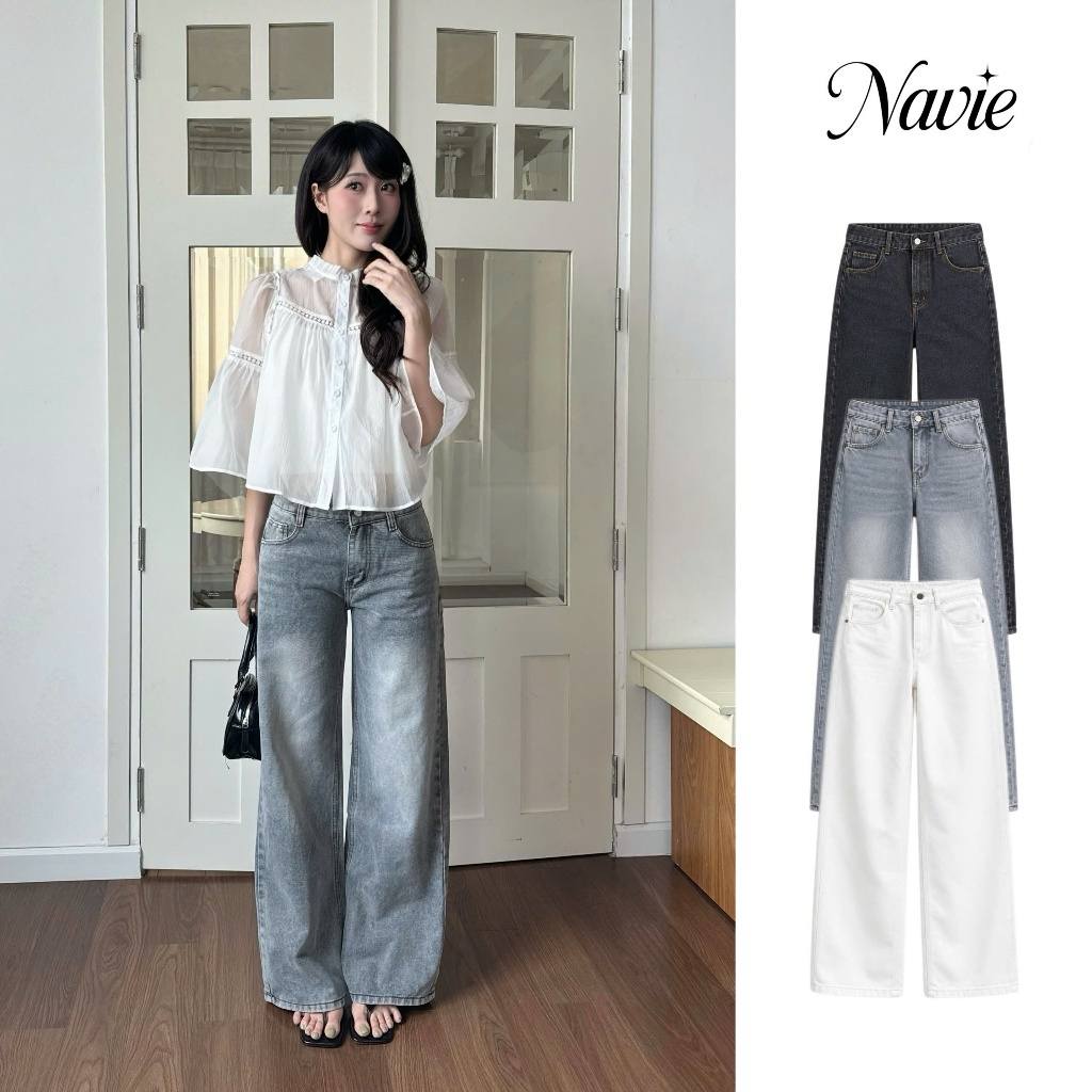 NAVIE - Quần jeans cạp thấp ống suông thời trang nữ