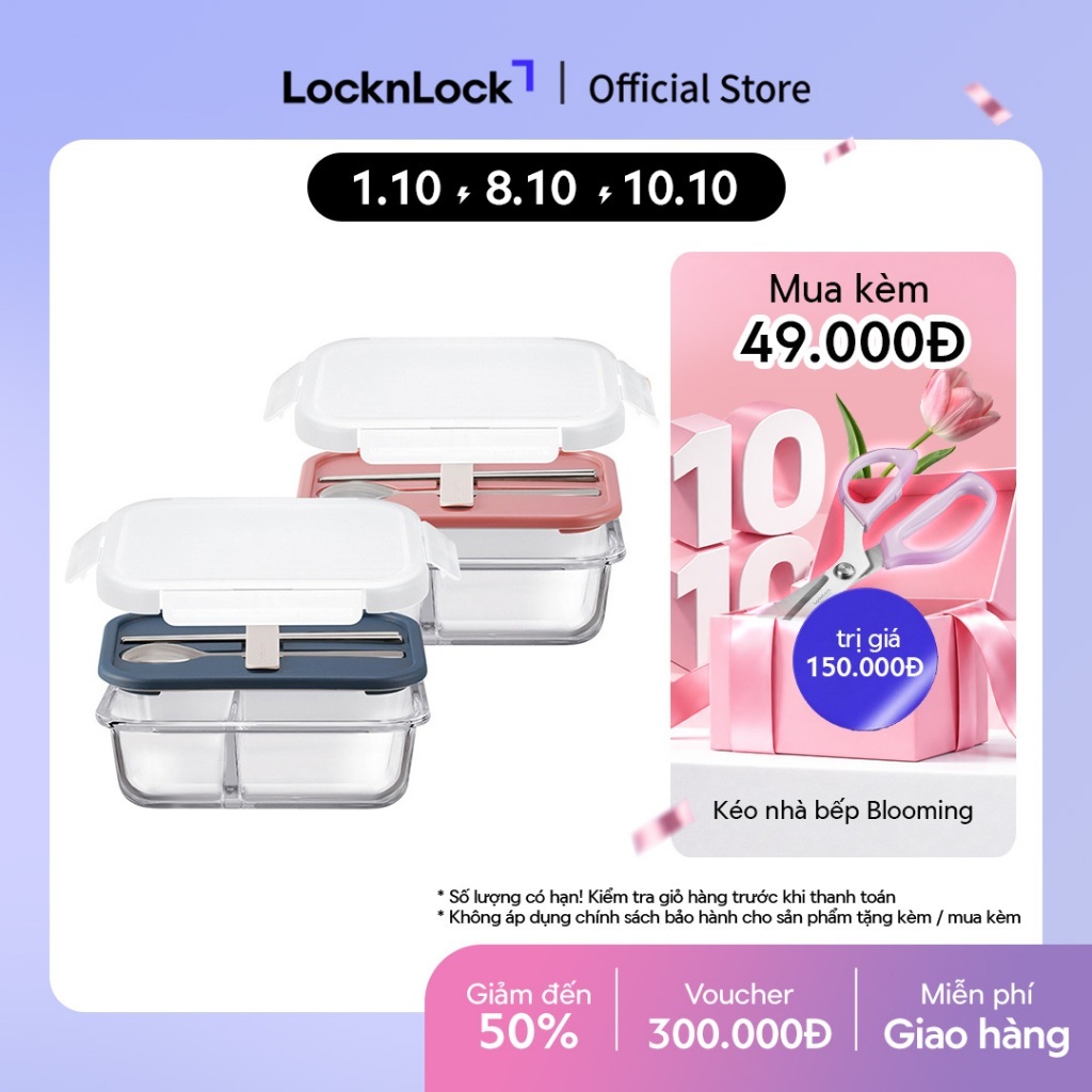 Hộp cơm thủy tinh chịu nhiệt chia ngăn kèm muỗng đũa Lock&Lock 930ml LLG991CL (2 màu)