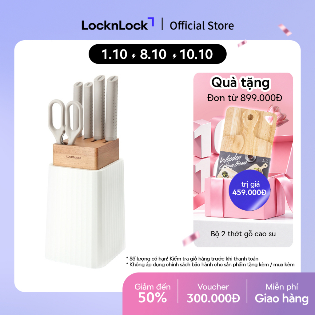 Bộ dao 6 món Lock&Lock (4 dao, 1 kéo, 1 hộp đựng dao) - màu trắng - CKK802