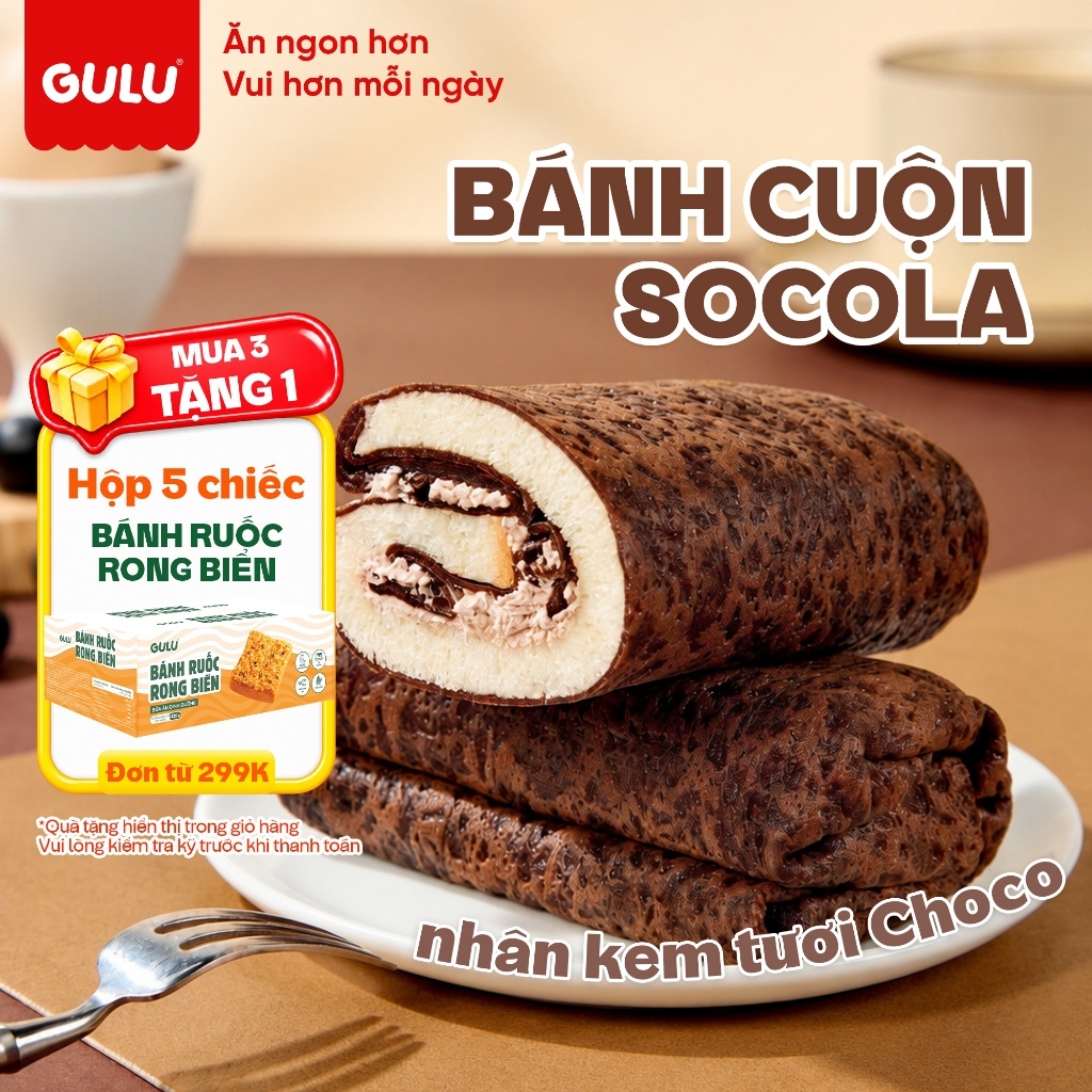 [Mới] Bánh Cuộn Socola Nhân Kem Tươi Choco gulu Mềm Mịn Cùng Vụn Cookie Choco Ngọt Nhẹ