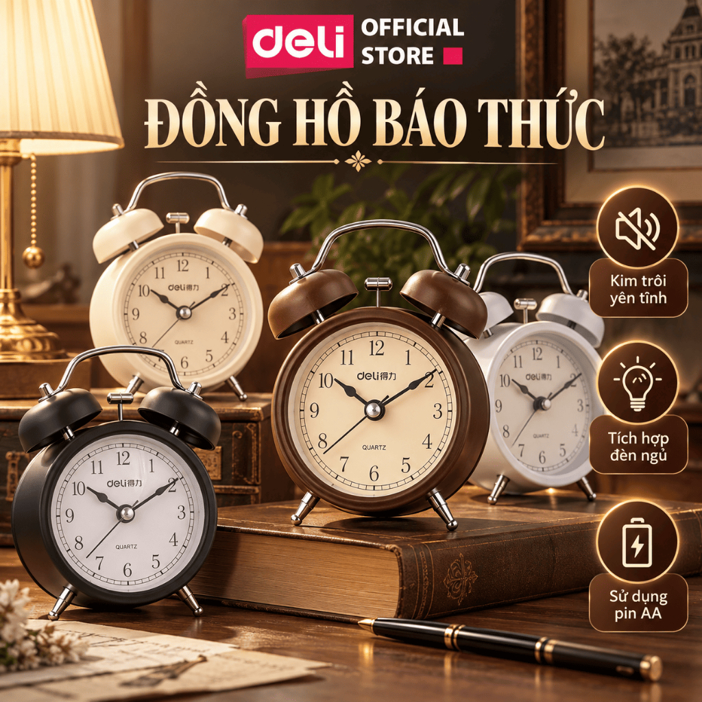 [TẶNG PIN + HỎA TỐC] Đồng Hồ Báo Thức Để Bàn Cổ Điển DELI Hai Chuông Kim Trôi Êm, Báo Thức To Trang Trí Bàn Học