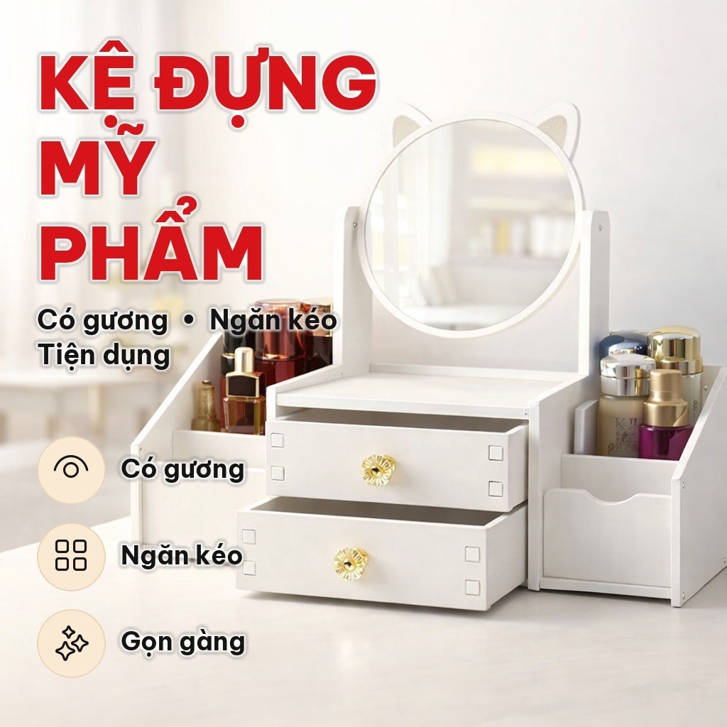 Kệ Đựng Mỹ Phẩm Có Gương Trang Điểm, Tủ Đựng Đồ Trang Điểm Gỗ Foam 5mm Với Ngăn Kéo Để Bàn Tiện Dụng, Gọn Gàng