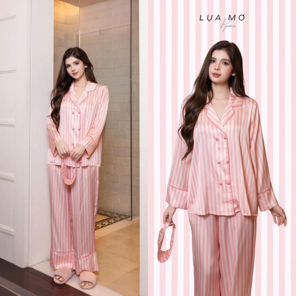 Pijama Tiểu Thư Form Vest Họa Tiết Sọc Hồng Vải Lụa Latin Cao Cấp - Đồ bộ Lụa Mơ LM1010