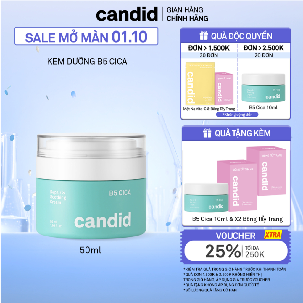 Kem dưỡng ẩm phục hồi Candid B5 Cica Repair and Soothing Cream 50ml