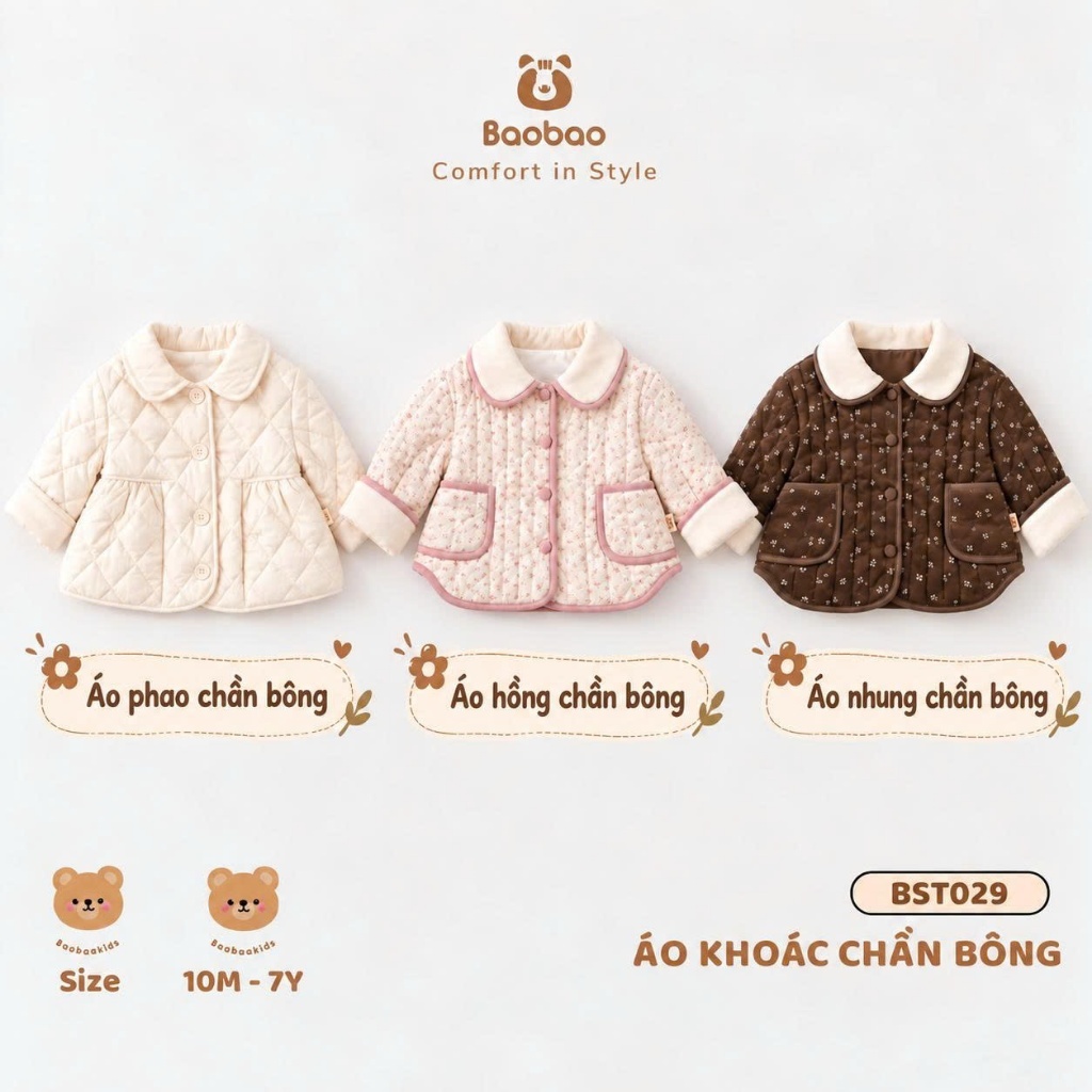 [BAOBAO- HÀNG ORDER] - ÁO KHOÁC CHẦN BÔNG CAO CẤP XINH XẮN ĐÁNG YÊU DÀNH CHO BÉ GÁI - BST029
