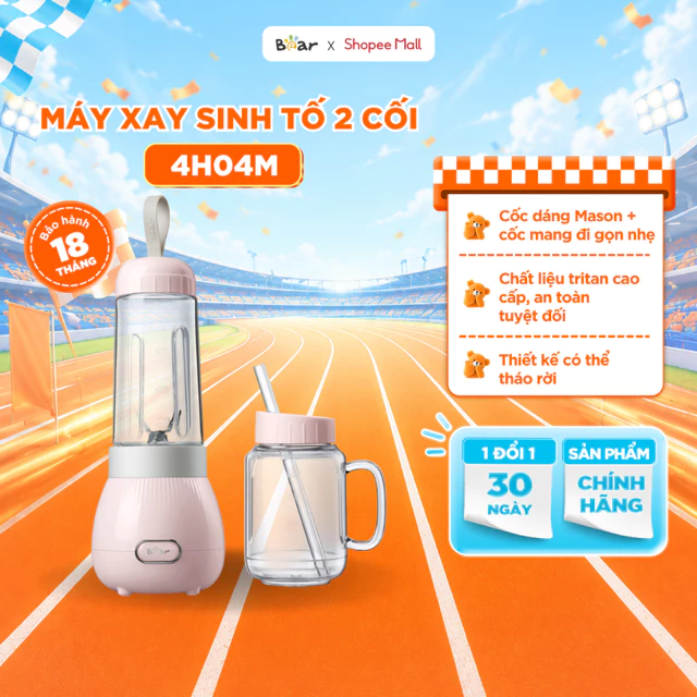 Máy Xay Sinh Tố BEAR 2 Cối, Máy Xay Sinh Tố Cầm Tay Kèm Ống Hút Máy Xay Cầm Tay Đa Năng Máy Xay Sinh Tố Mini 0.4L 4H04M