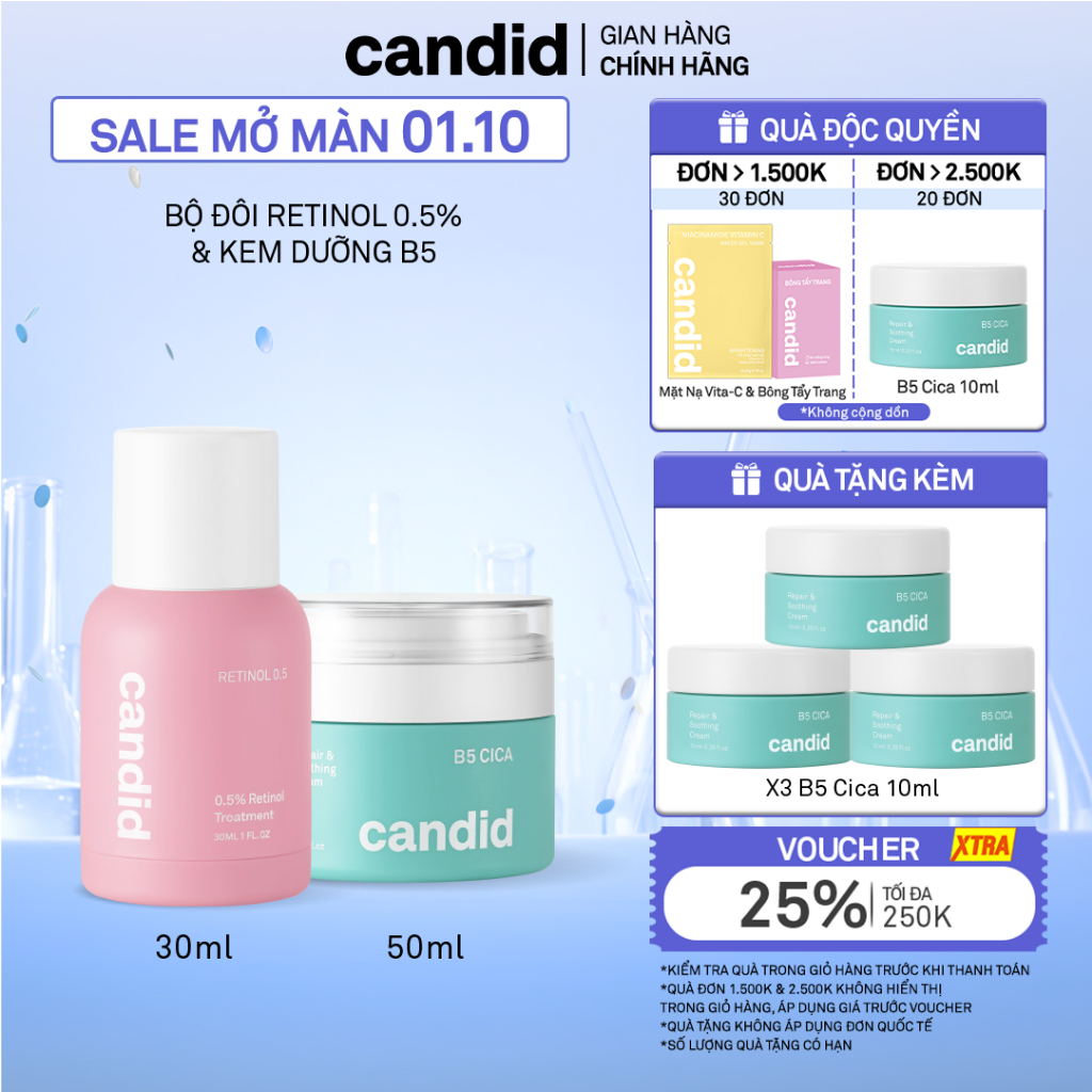 Bộ Đôi Hỗ Trợ Cải Thiện Và Phục Hồi Làn Da Candid Retinol 0.5% 30ml & Kem Dưỡng B5 Cica 50ml