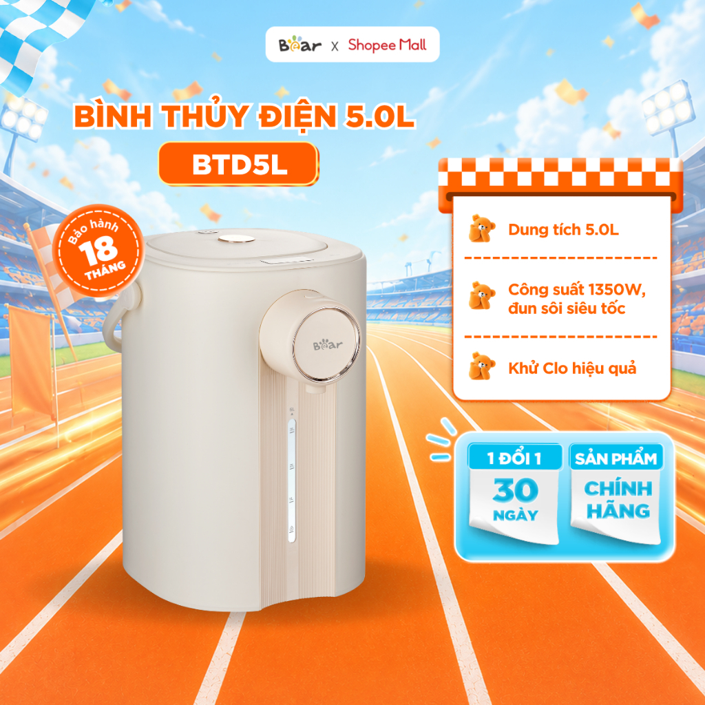 Bình Thủy Điện BEAR 5L Inox 304 Đun Sôi Nhanh, Giữ Nhiệt 11 Chế Độ, Khử Clo, Pha Sữa Cho Bé SB-BTD5L