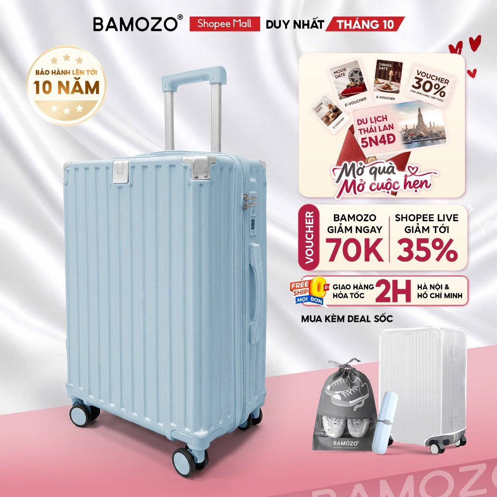 Vali Du Lịch Bamozo 9066 Lite Size 20/24/28 Thời Trang, Nhựa PC Nguyên Khối Khóa Số Bảo Mật Bịt 4 Góc Chống Va Đập_9066L